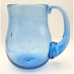 Hand Blown Blue Bubble Glass Mug  Seeded Glass Coffee Cup With Pontil Mark 5"